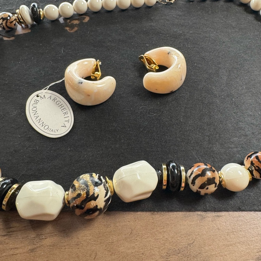 Elegant Elephant Beaded Necklace - Cream and Gold with clip on earrings